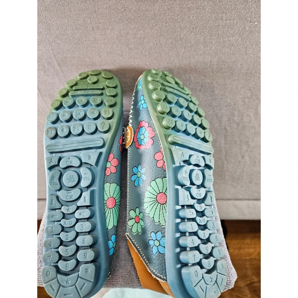 Hand Painted Floral Leather Loafers Teal Boho Flats Size 40 (sku 132)